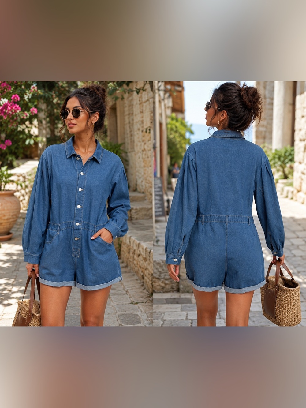 Classic Blue Denim Button-Front Summer Romper